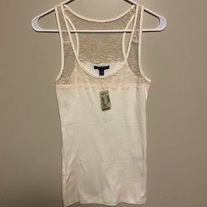 American Eagle White & Lace Racer-back Tank Top